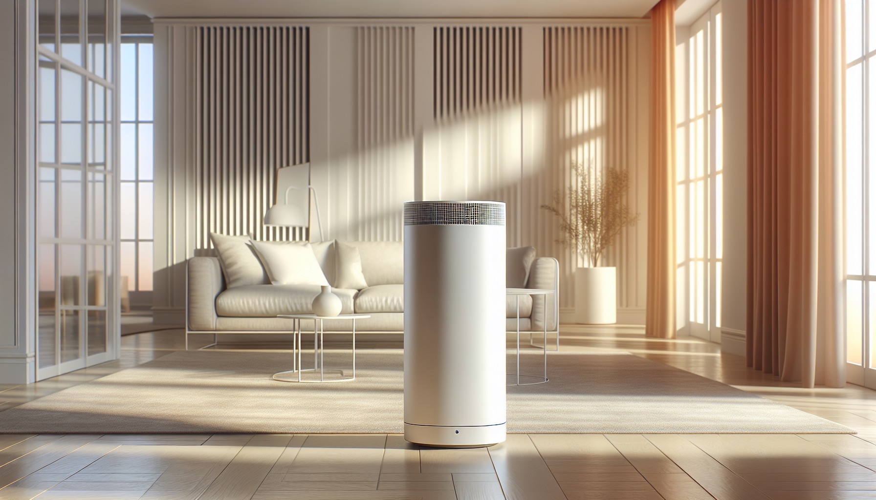 Modern white air purifier running in a bright, clean living room with natural light