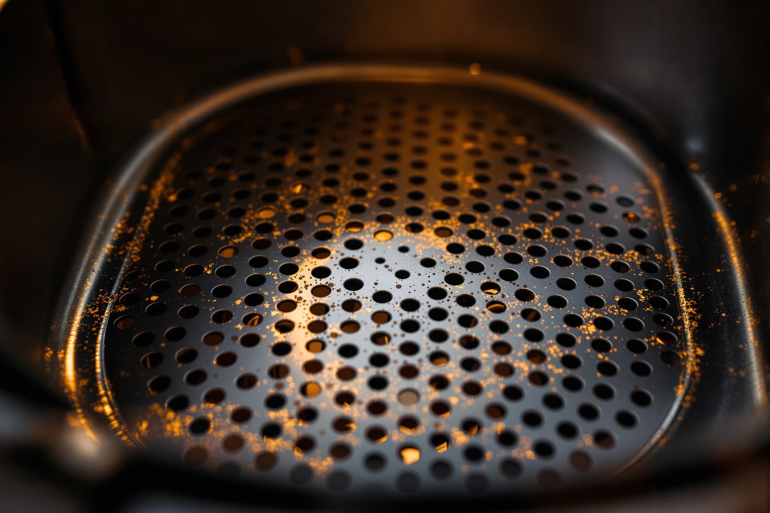Macro close-up of a dark non-stick coated air fryer basket showing its perforated cooking surface