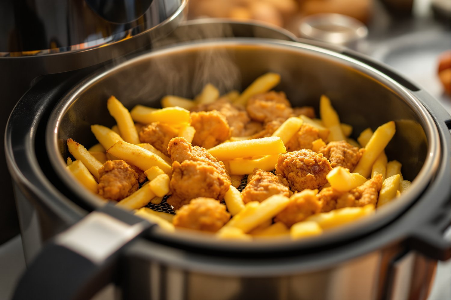 Golden crispy fries and breaded chicken pieces cooking in a stainless steel air fryer basket with steam rising