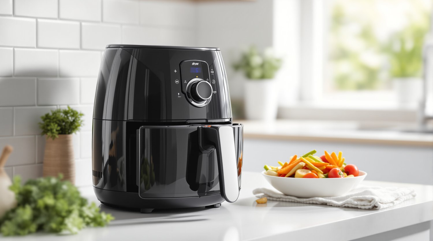 Black air fryer beside a bowl of crisp roasted vegetables on a bright white kitchen counter