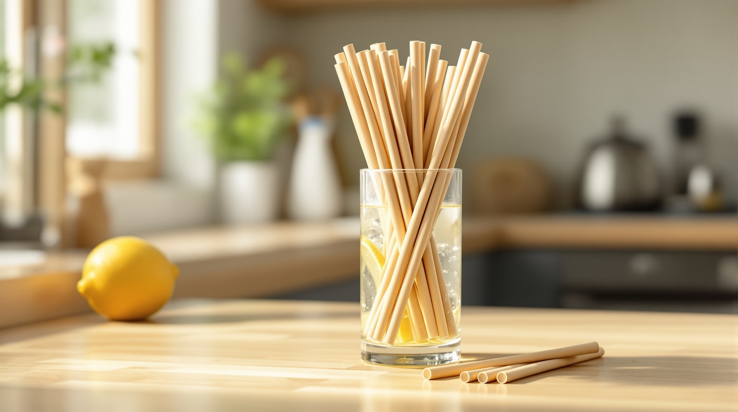 A bundle of plain kraft paper drinking straws standing upright in a tall glass of iced lemon water on a sunlit wooden kitchen counter, with a few loose paper straws beside the glass