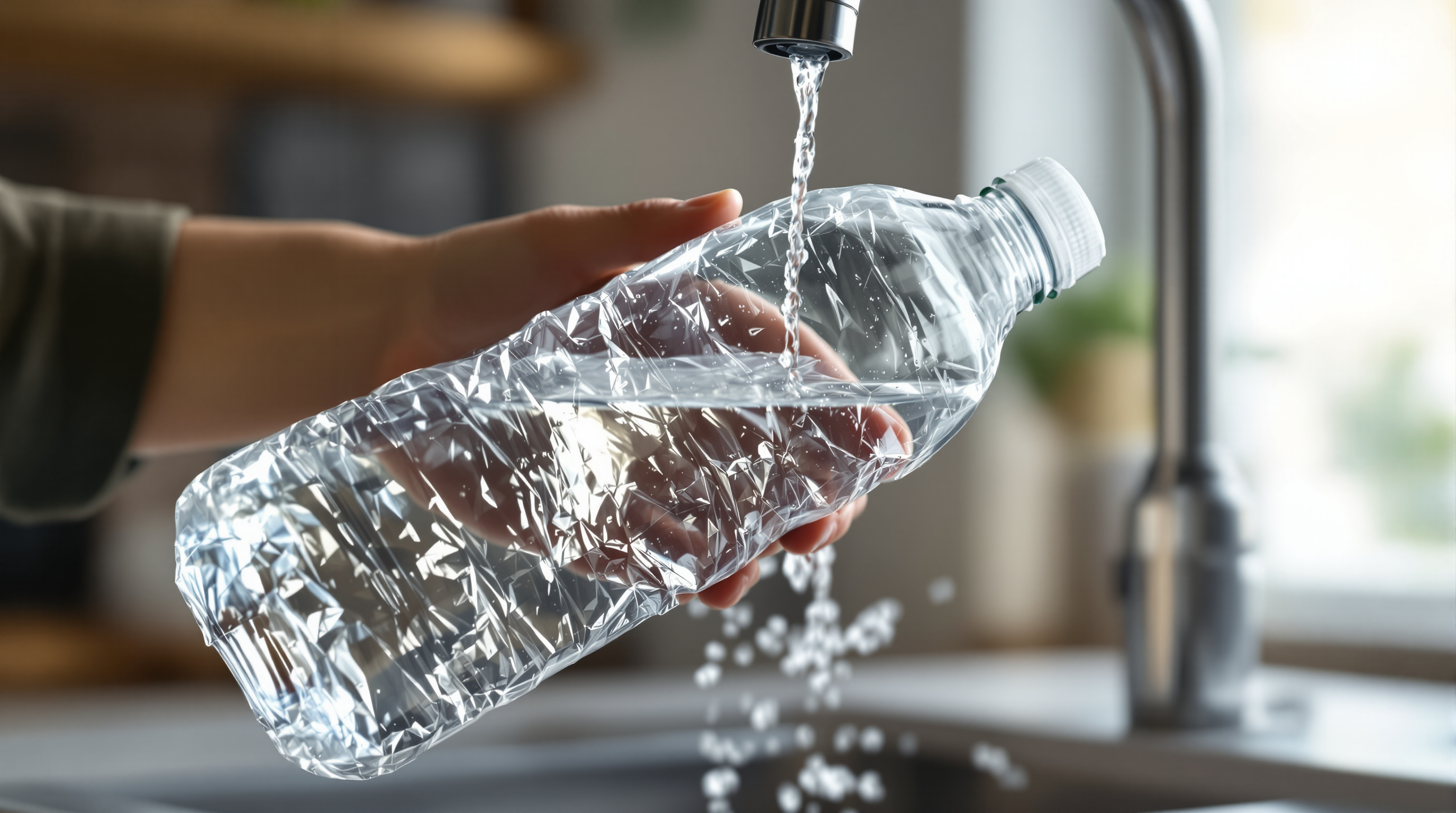 A crinkled clear single-use plastic water bottle being refilled at a kitchen tap in natural light