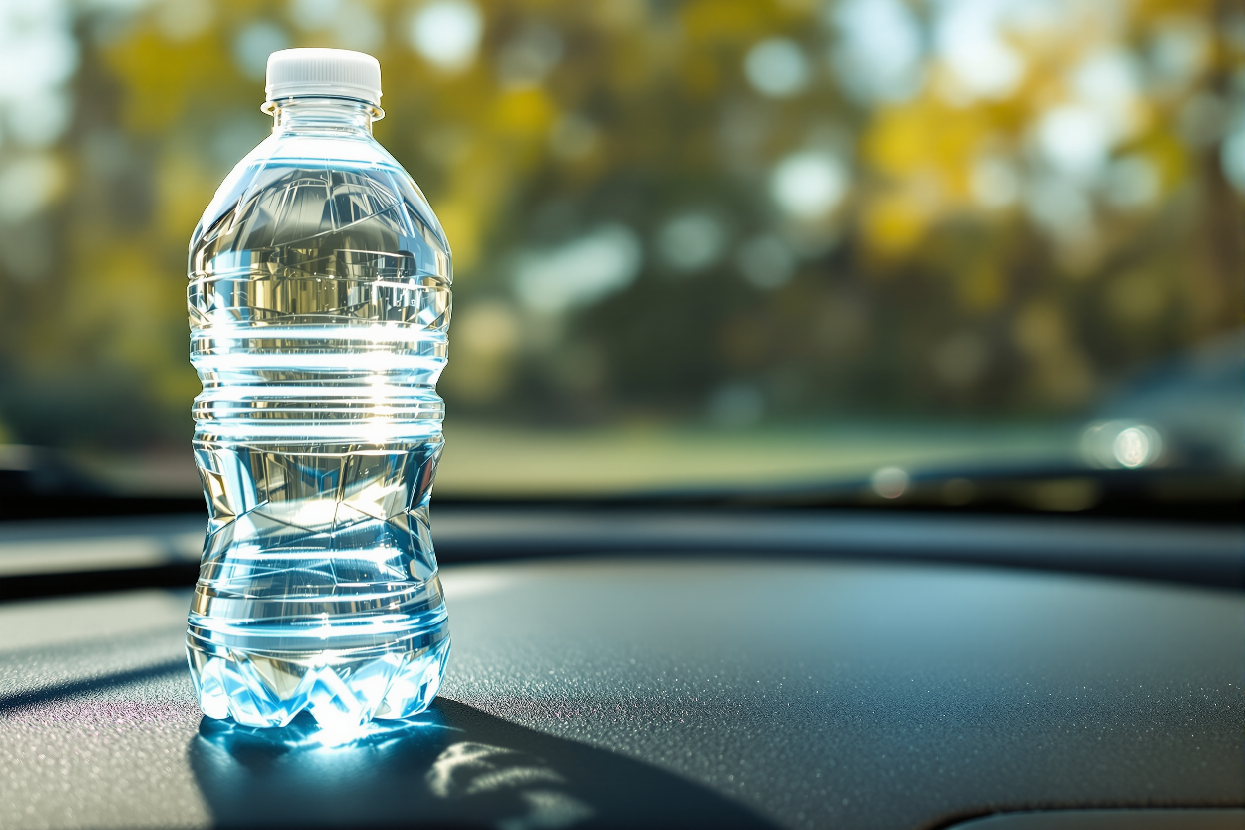 A disposable plastic water bottle sitting on a sunlit car dashboard, warmed by direct sunlight