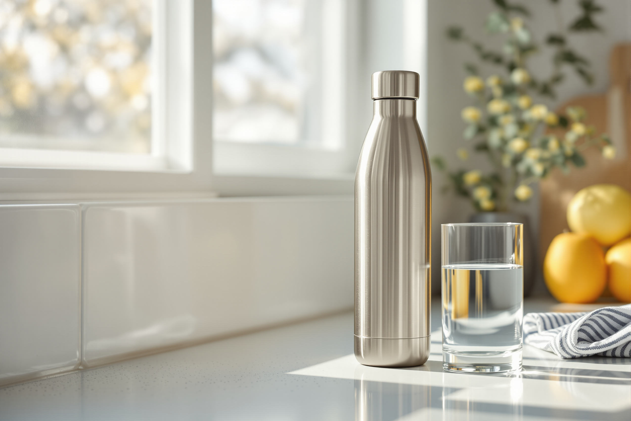 A reusable stainless steel water bottle on a kitchen counter beside a glass of water in soft natural light