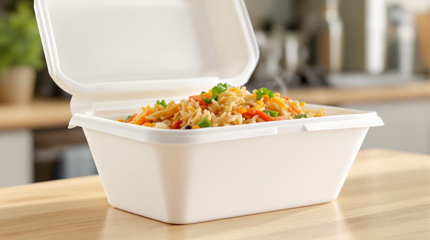 An open white expanded polystyrene foam takeout clamshell holding hot rice and stir-fried vegetables on a light wood kitchen counter, its hinged foam lid propped open