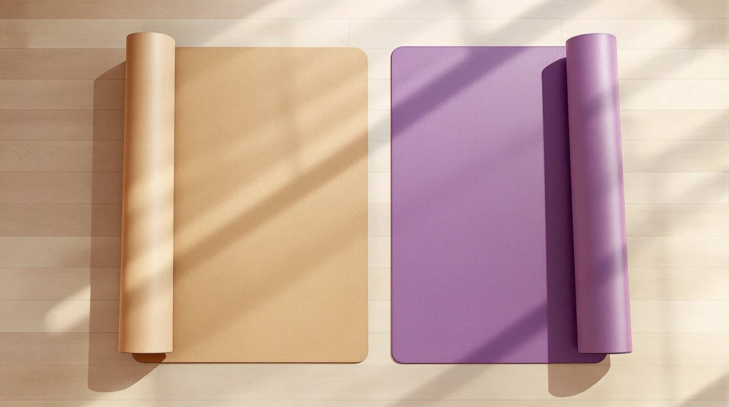 Two yoga mats partly unrolled side by side on a pale oak studio floor in morning light, a tan cork-surfaced mat on the left and a glossy purple synthetic mat on the right