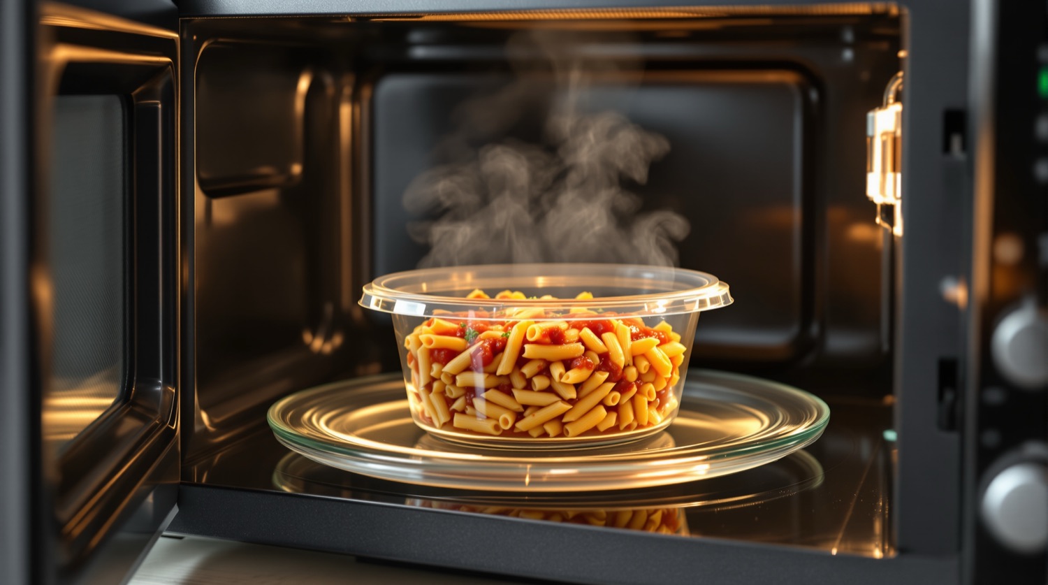 An uncovered clear glass container of penne pasta in tomato sauce steaming on the glass turntable of an open microwave