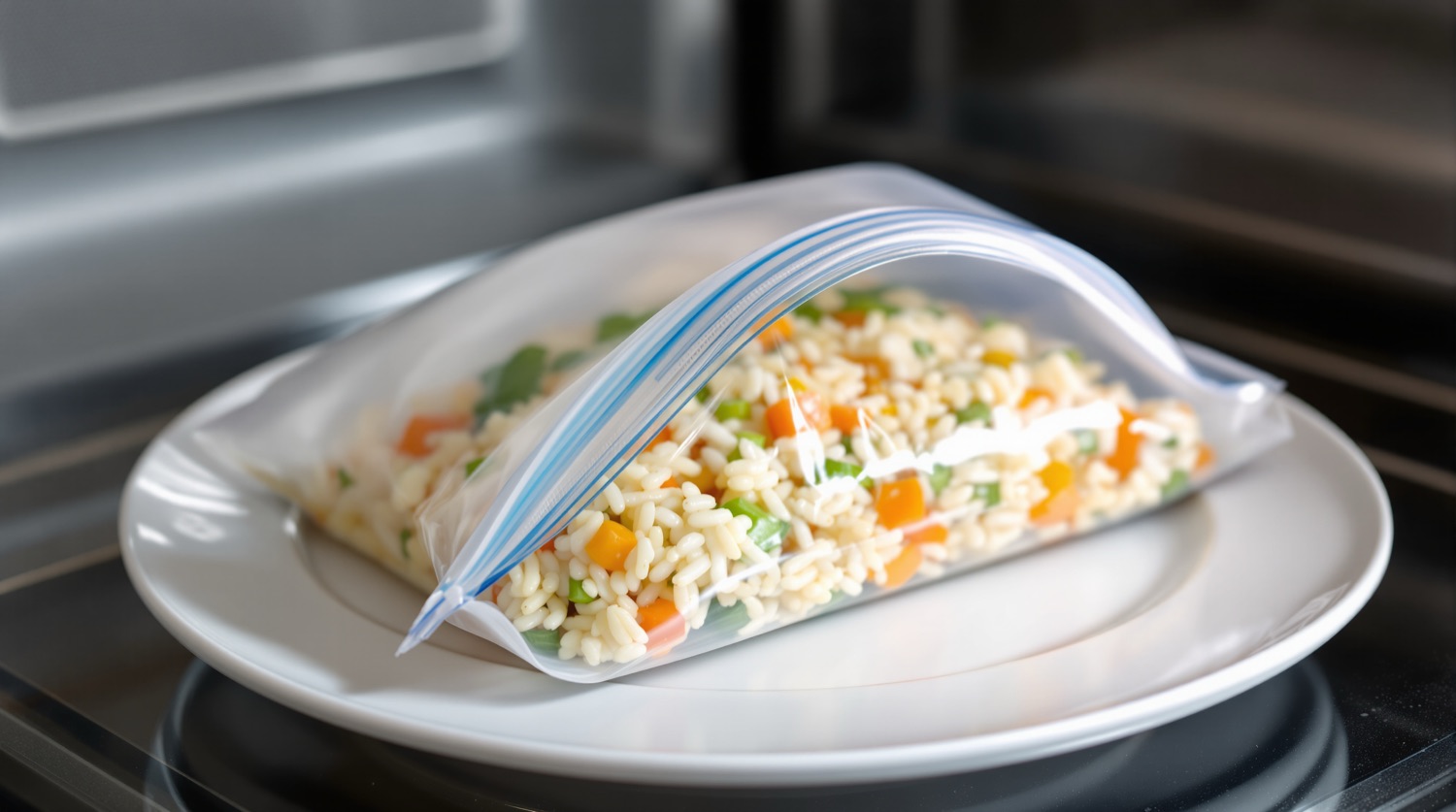 A clear plastic zipper storage bag of leftover rice and diced vegetables, zipper open at one corner, lying on a white plate inside an open microwave