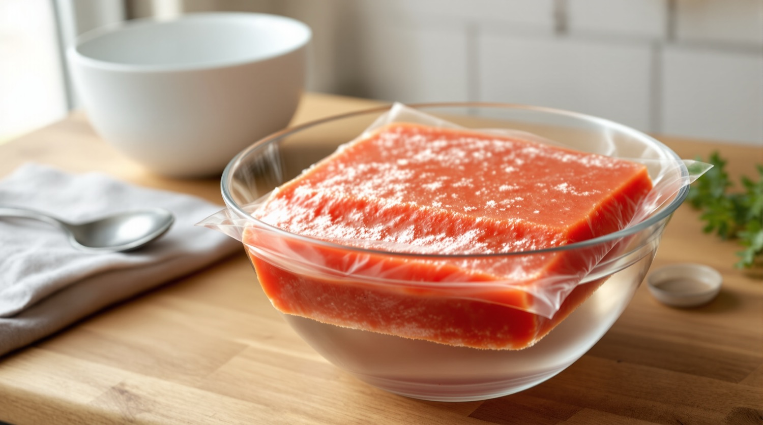 A frosted slab of frozen tomato soup sealed in a clear plastic freezer bag, thawing in a glass bowl of cold water beside an empty white bowl and a spoon
