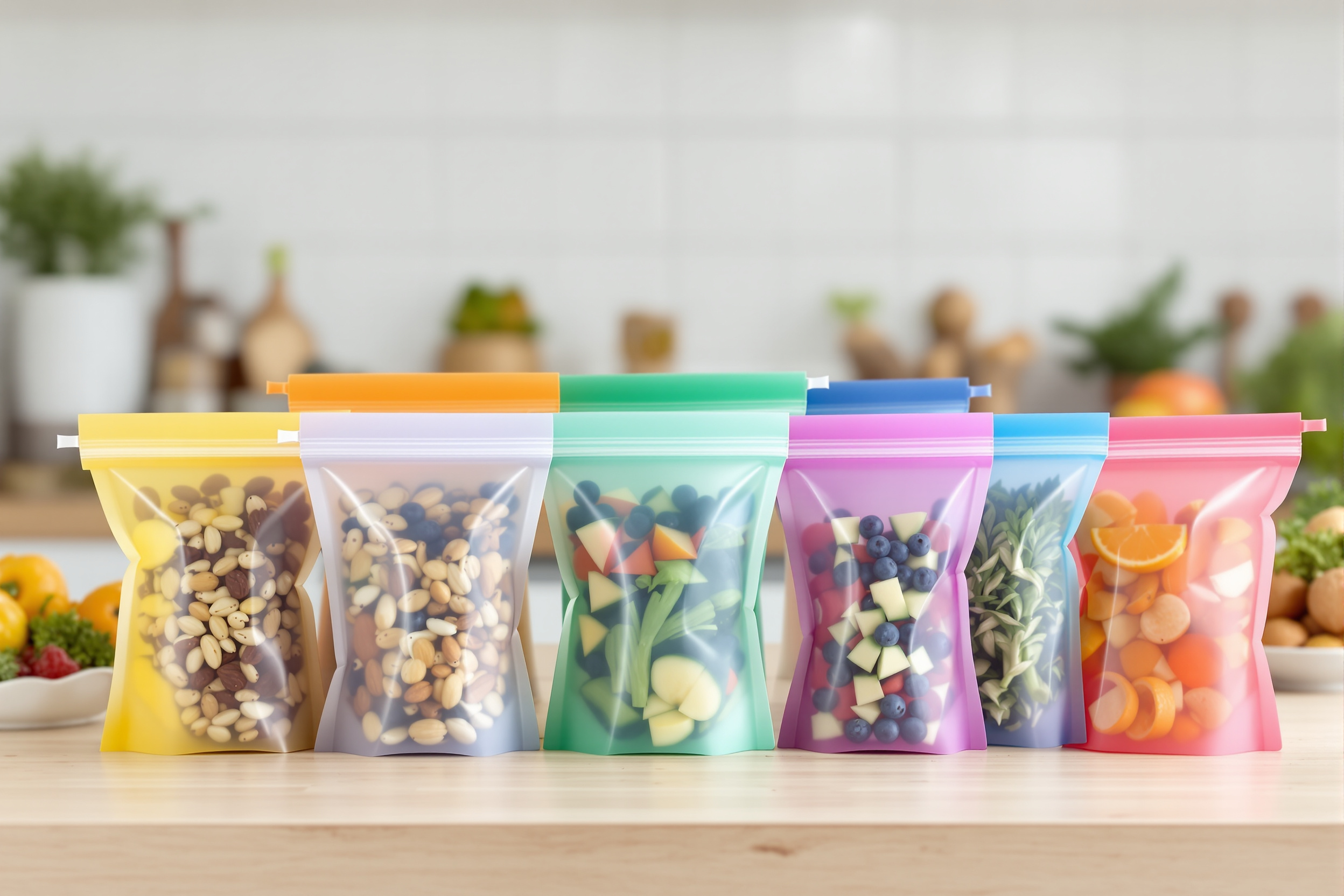 A row of colorful reusable silicone food storage bags filled with nuts, blueberries, and cut vegetables standing upright on a light wooden kitchen counter