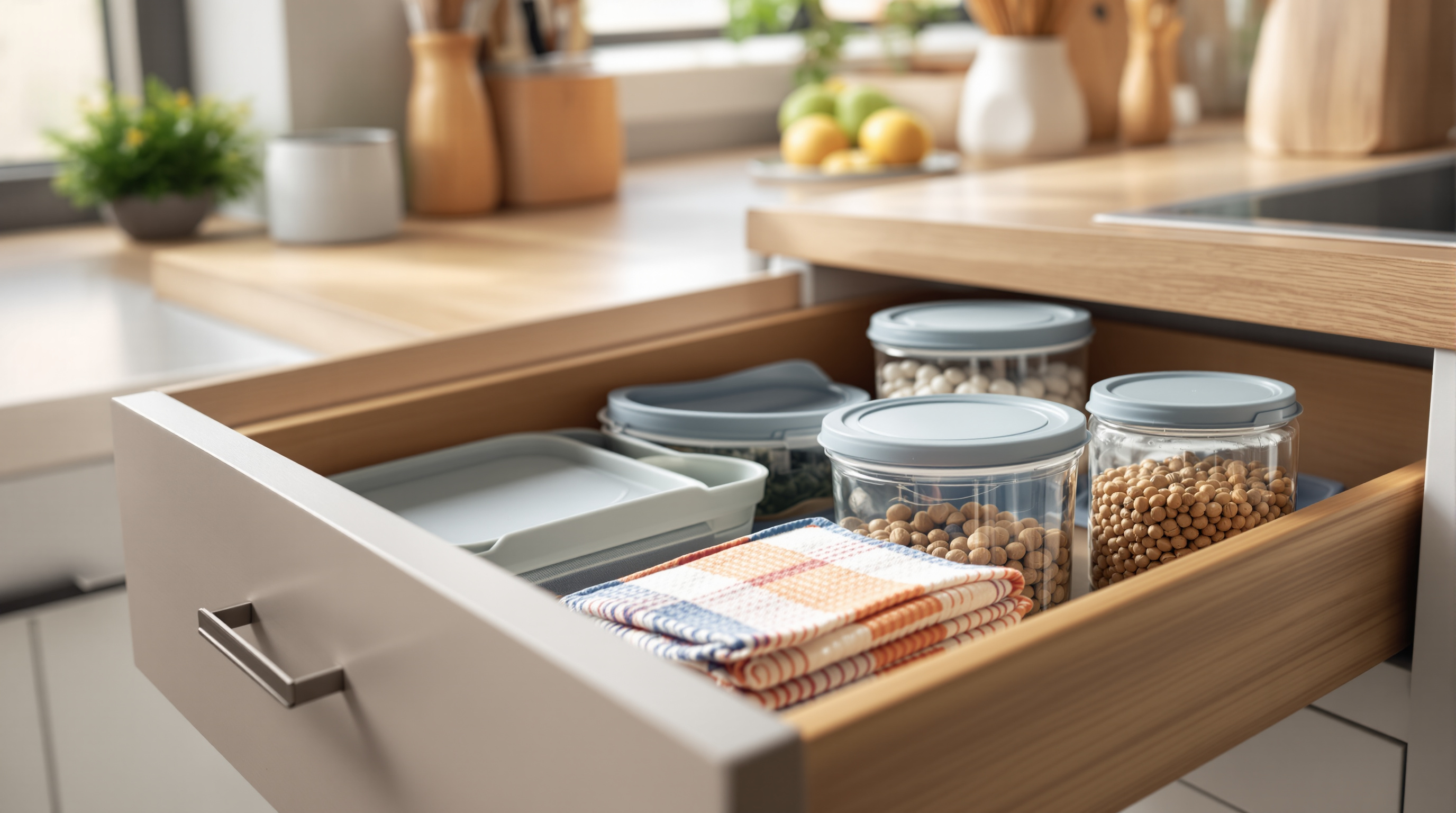 An open kitchen drawer organized with reusable silicone storage bags and glass food containers in bright natural light