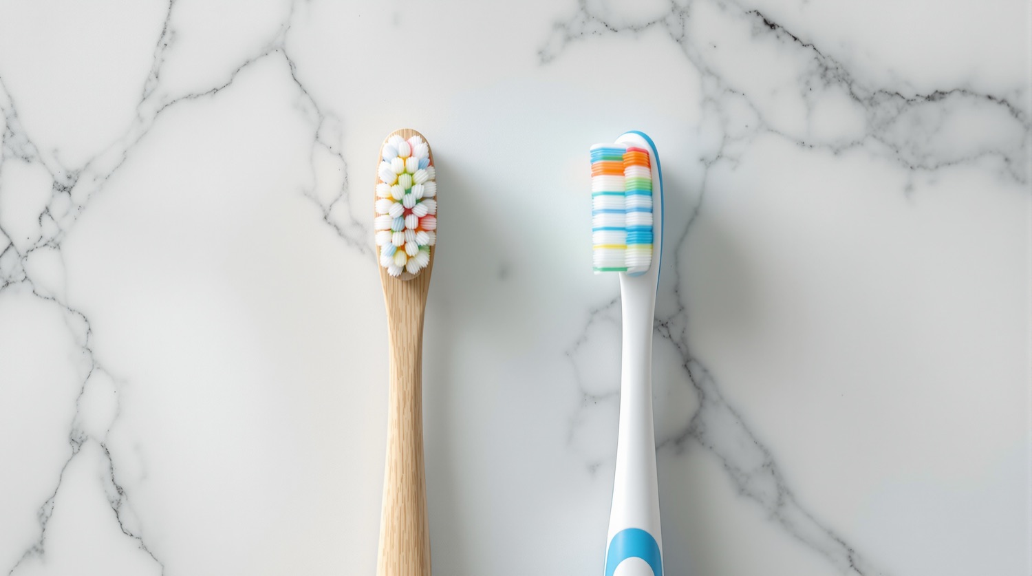 Overhead view of a bamboo-handled manual toothbrush with pale bristles lying beside a glossy blue and white molded plastic toothbrush with multicolored bristles on a white marble bathroom counter