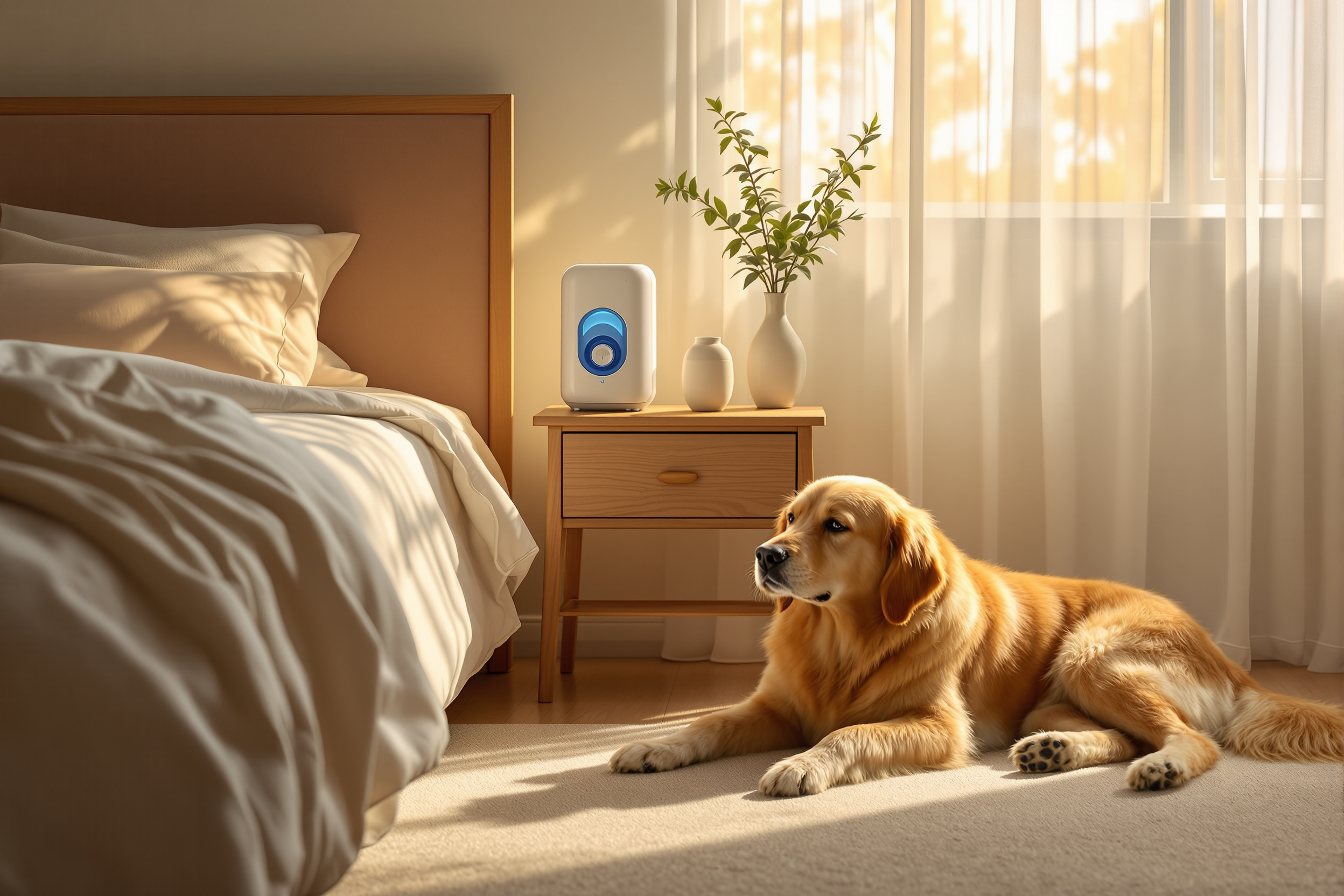Compact air purifier on a bedroom nightstand with a golden retriever resting on the floor beside the bed in morning light