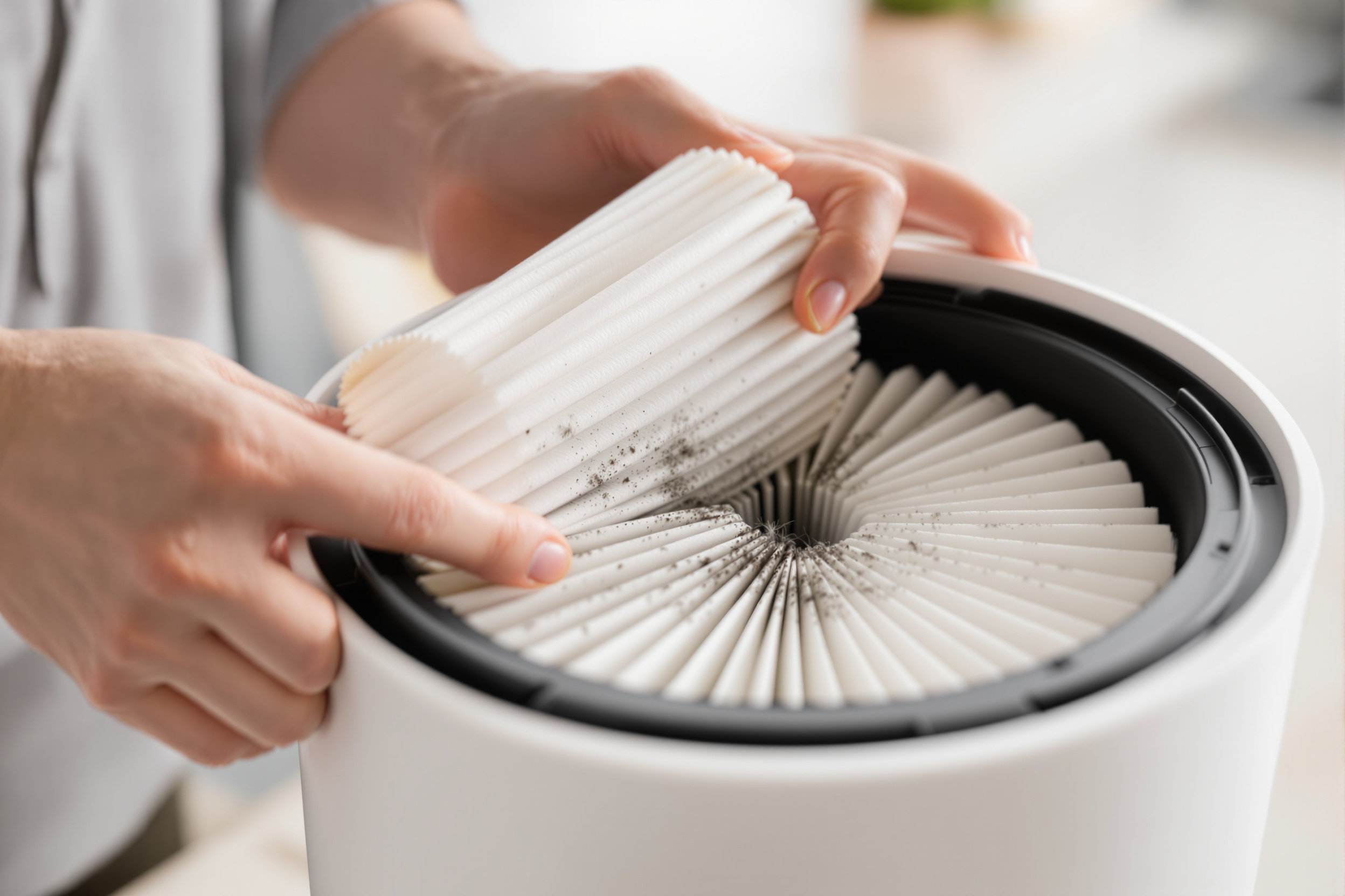 Hands lifting a used pleated white HEPA filter out of an air purifier, with grey dust and pet hair caught in the folds