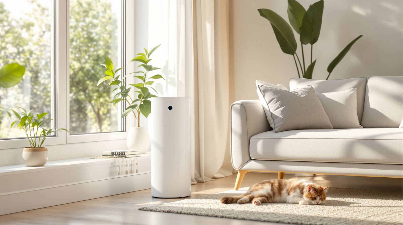 Modern white air purifier running in a sunlit living room with a cat resting on the rug nearby, clearing pet dander and pollen