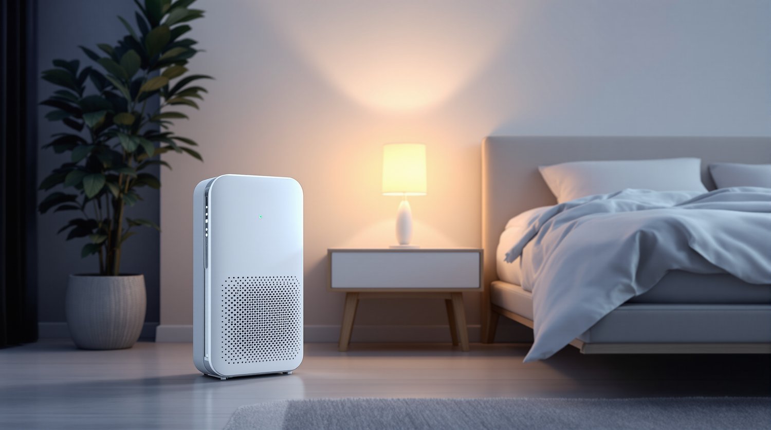 White air purifier running beside a nightstand and bed in a calm, softly lit bedroom at night