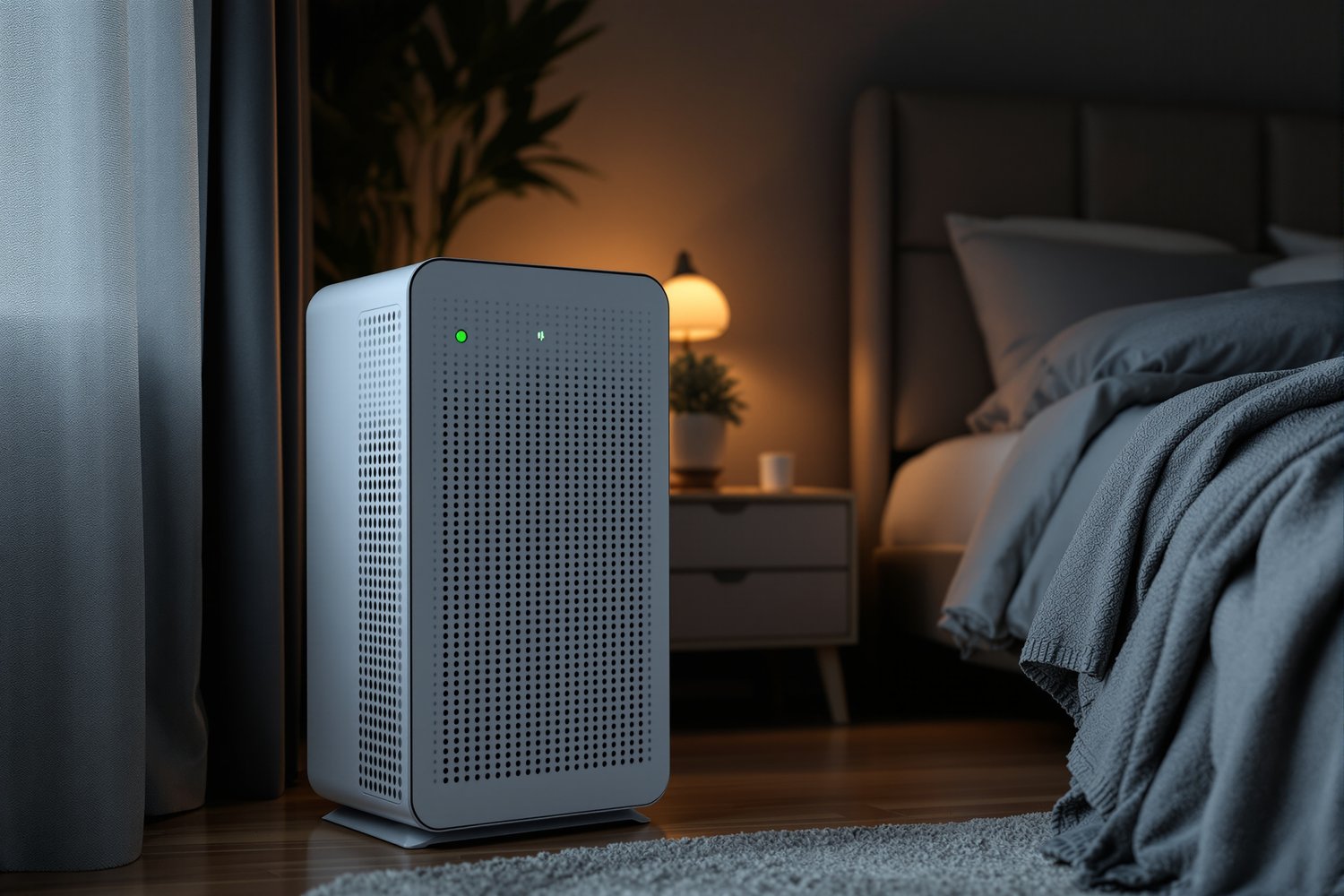 Rectangular air purifier with a perforated grille and a small green light running in a dim, cozy bedroom at night beside a bed