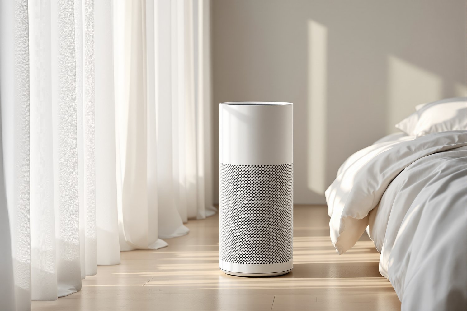 Cylindrical white air purifier running on the wooden floor of a bright, airy bedroom beside a neatly made bed with sheer curtains