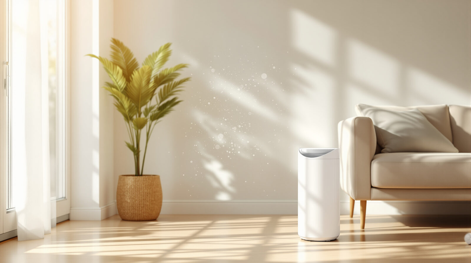 A sleek modern white air purifier running on the floor of a bright sunlit living room, with fine household dust motes drifting visibly in a shaft of afternoon sunlight beside a sofa and houseplant