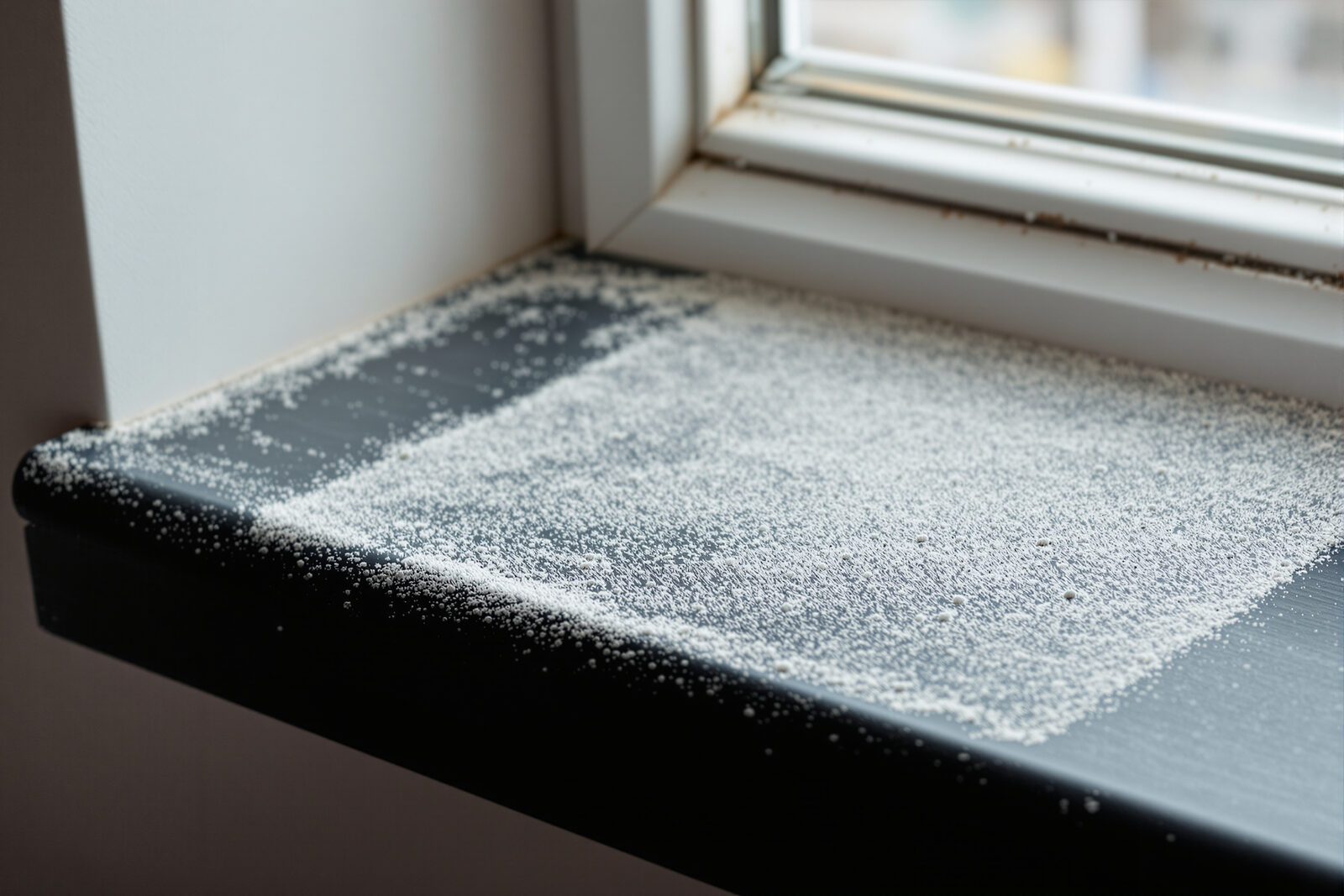 A thick layer of pale settled household dust on a dark windowsill, with a cleaner wiped patch revealing the surface beneath