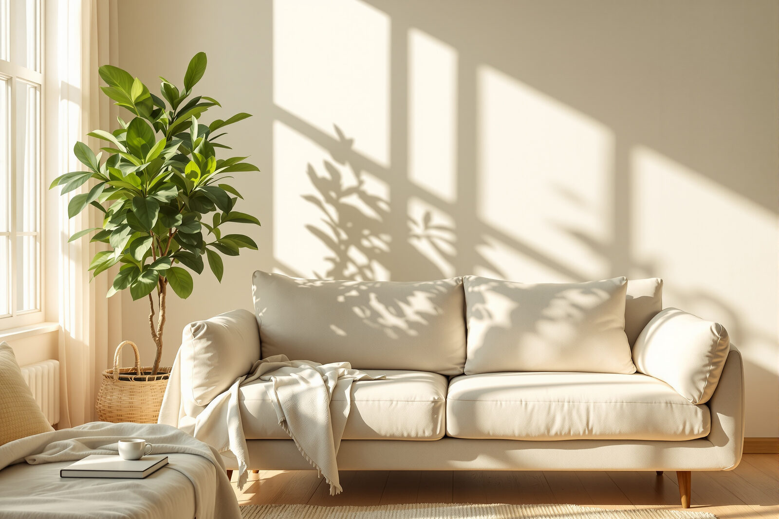 Low afternoon sunlight streaming into a living room with a linen sofa and houseplant — the raking light that reveals household dust drifting in the air