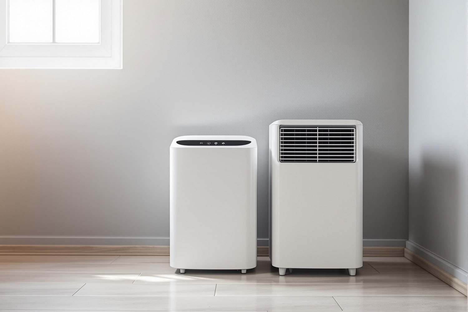 A white air purifier and a white dehumidifier standing side by side in a clean finished basement with a small window