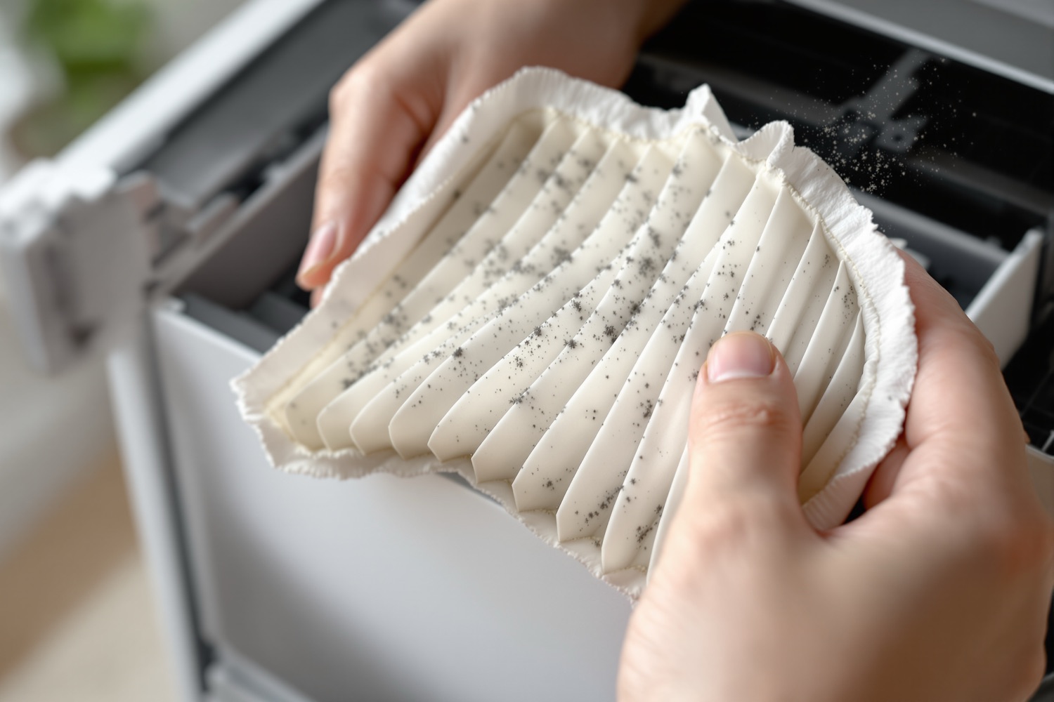 Hands lifting a used pleated white HEPA filter out of an air purifier, dark specks of dust and spores caught in the folds
