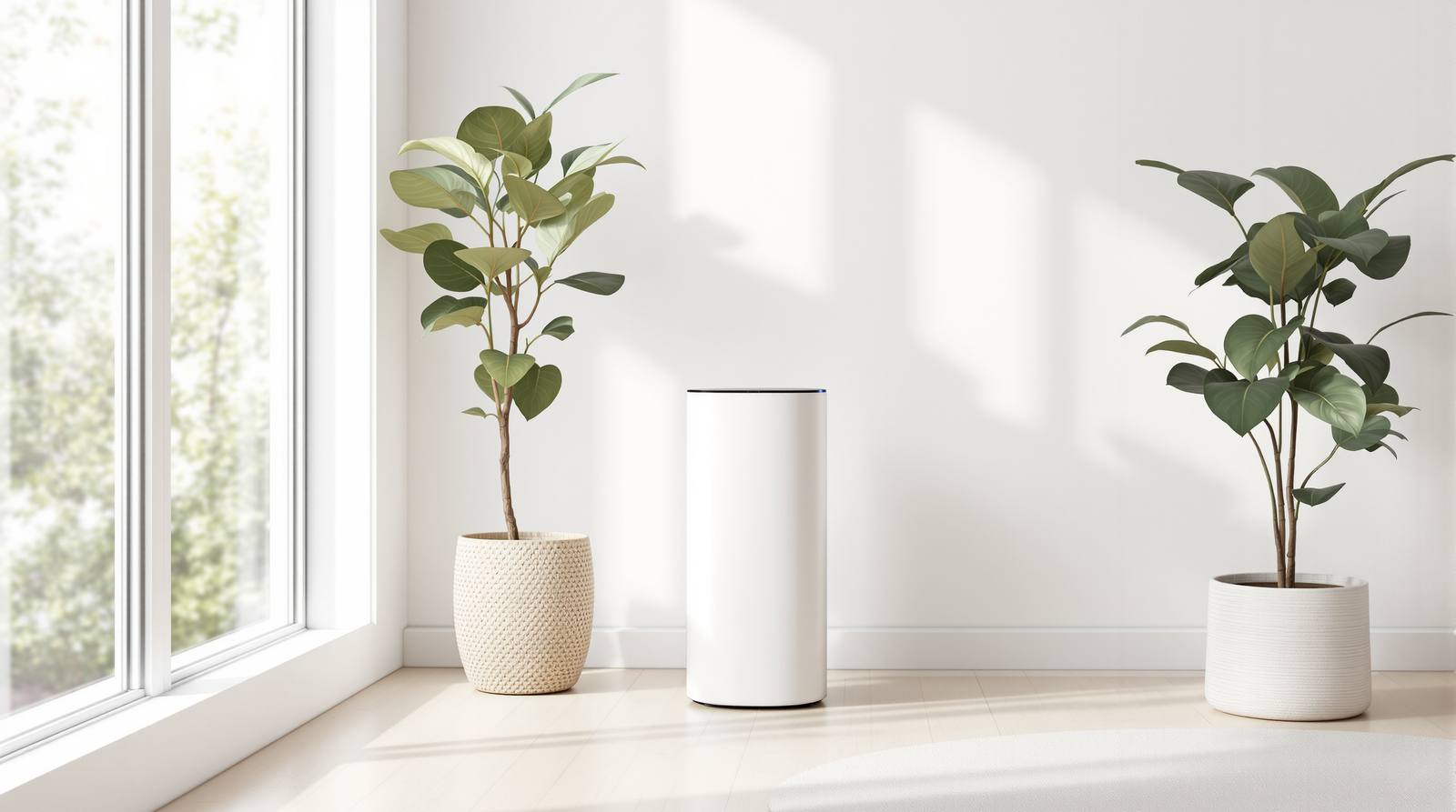 Modern white air purifier running beside a bright window with leafy houseplants in an airy room, capturing airborne mold spores