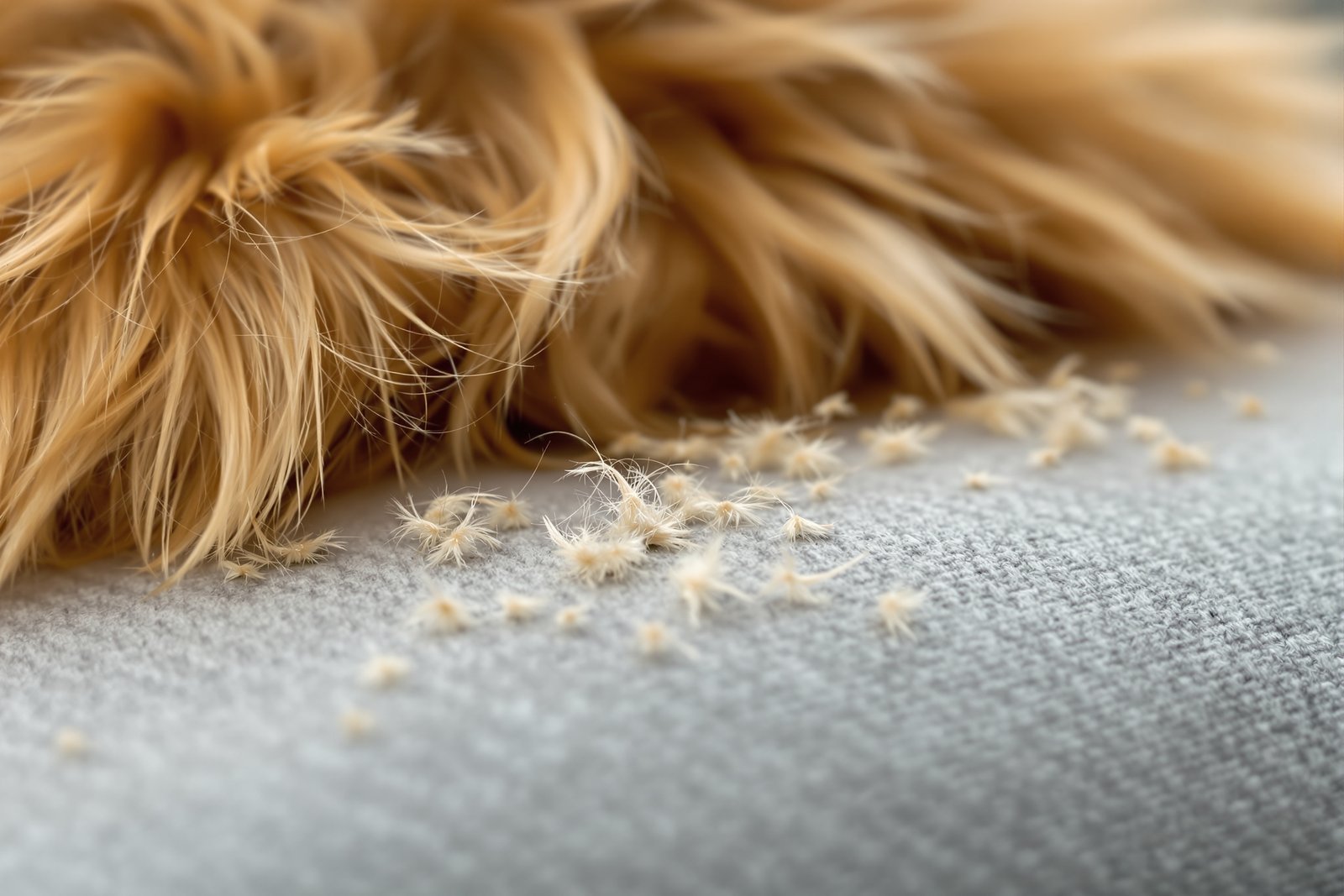 Close-up of golden pet fur and fine dander tufts shed onto a light grey fabric sofa cushion in soft daylight