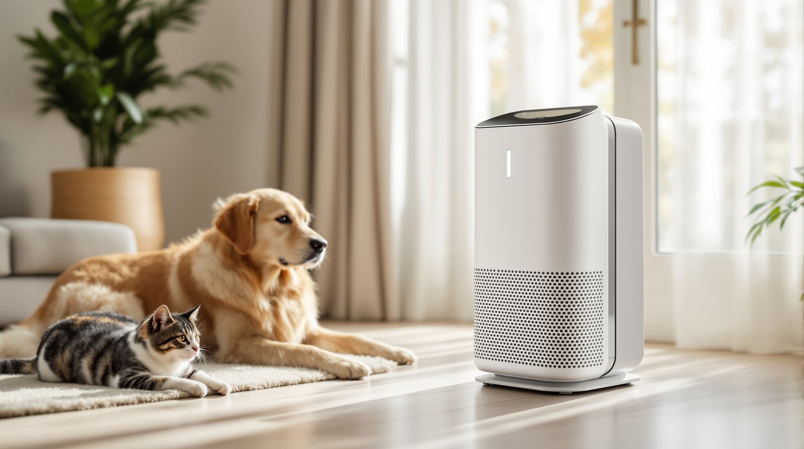 Modern white air purifier running on a hardwood floor beside a golden retriever and a tabby cat resting in a sunlit living room