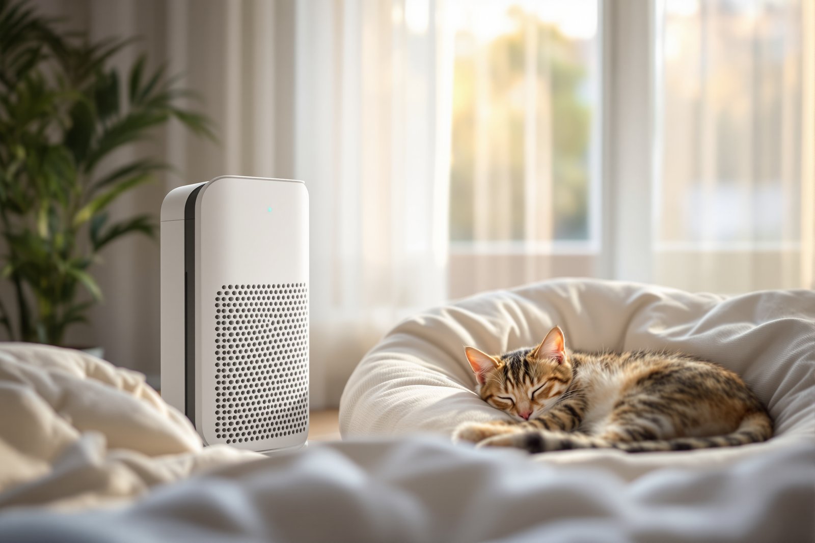 A modern white air purifier running in a bright bedroom beside a soft pet bed where a tabby cat sleeps in warm morning light