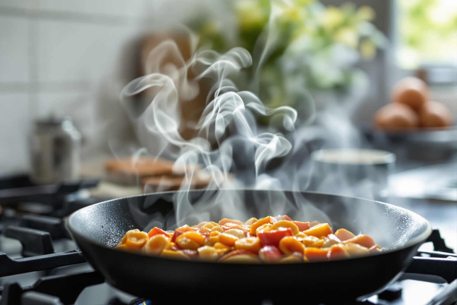 Wisps of smoke rising from food searing in a cast iron skillet on a gas stovetop in a bright kitchen