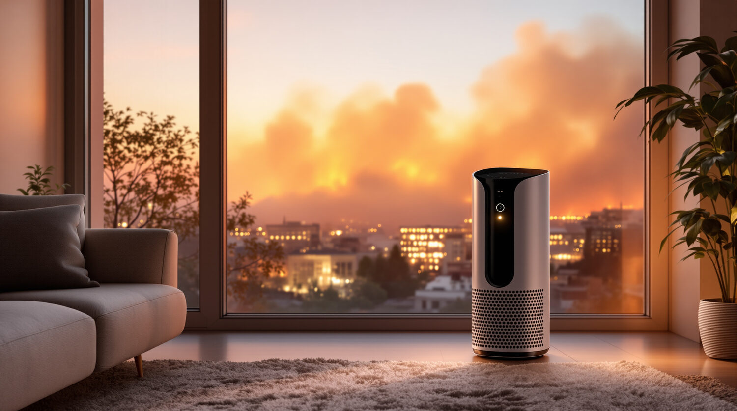 A sleek modern air purifier running in a living room while thick orange wildfire smoke haze fills the sky through the window at dusk