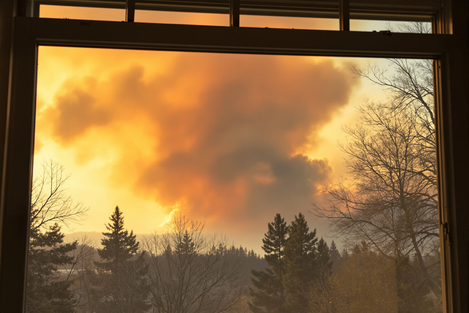 Orange wildfire smoke filling the sky over silhouetted trees, seen through the window of a home