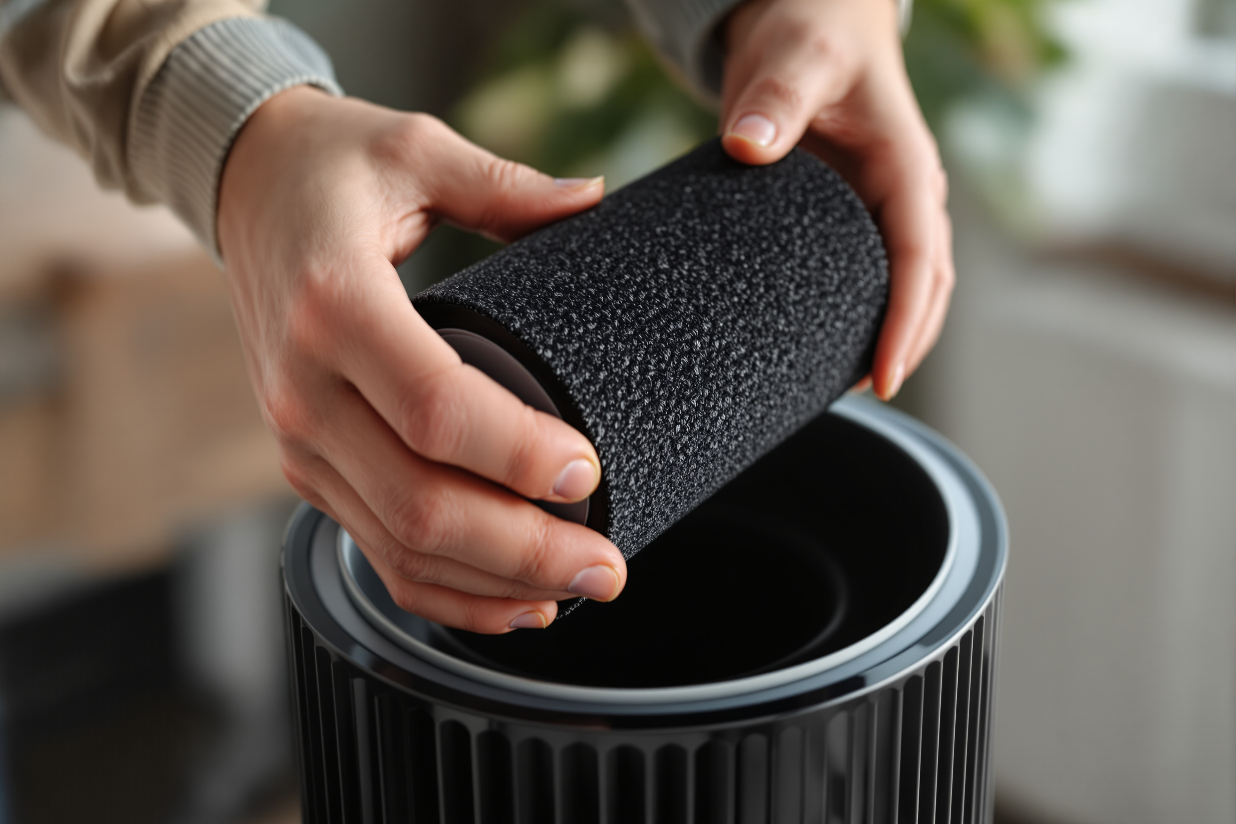 Hands lifting a thick cylindrical activated-carbon filter cartridge out of an air purifier, granular carbon visible