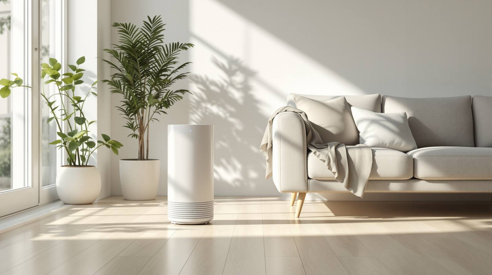 Modern white air purifier running beside a new sofa in a sunlit living room, reducing off-gassing and indoor VOCs