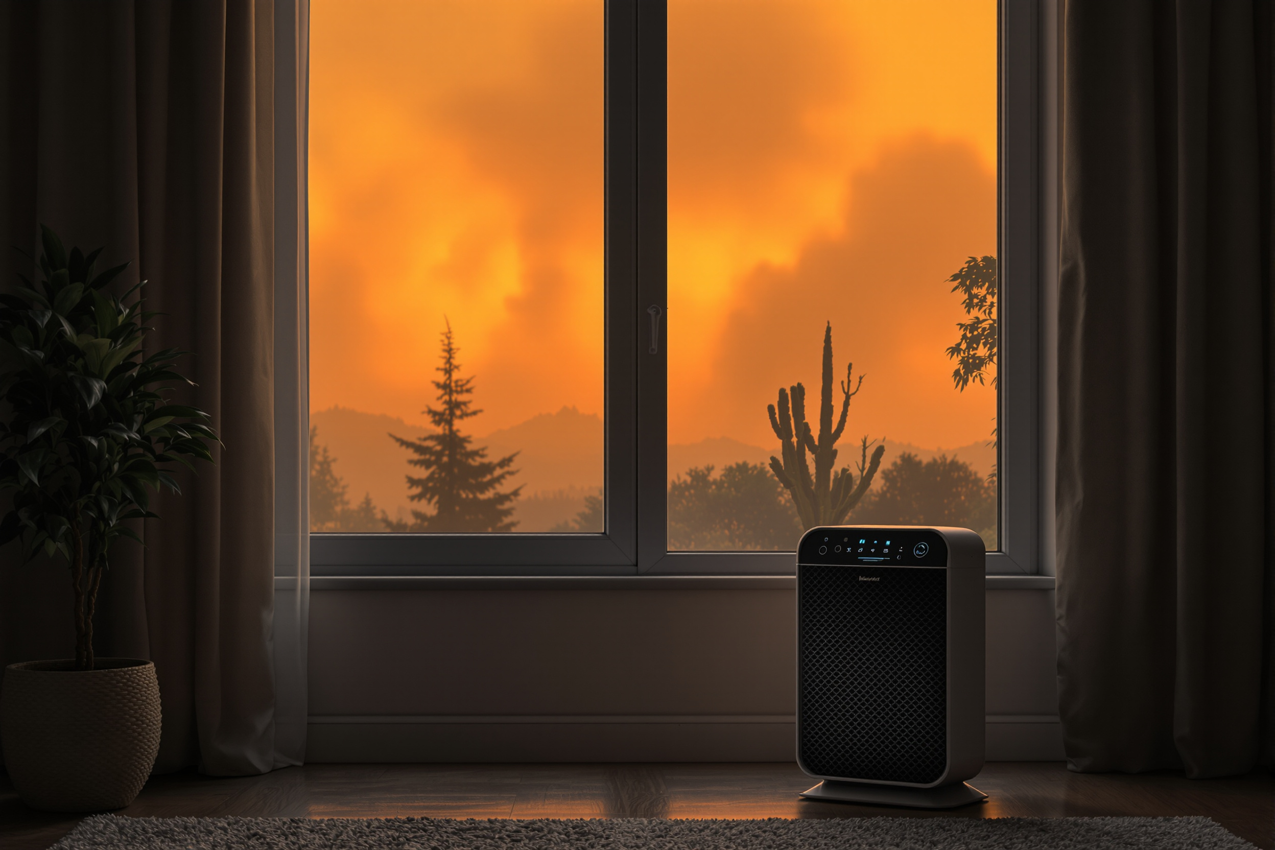 Air purifier running indoors beside a window with an orange, smoke-filled wildfire sky outside