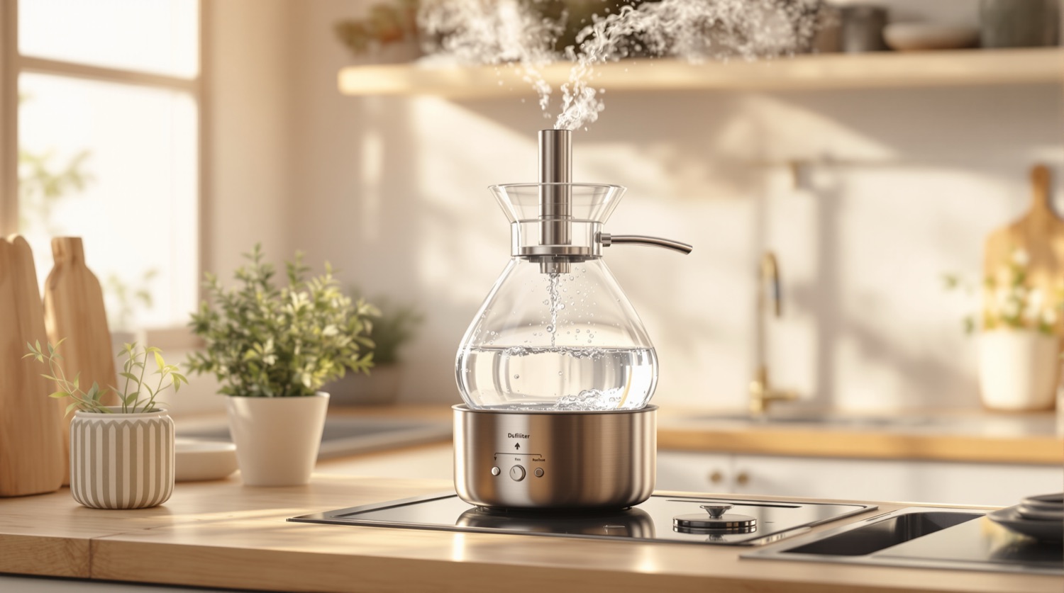A brushed stainless-steel countertop water distiller with a clear glass carafe filling with distilled water on a wooden kitchen counter