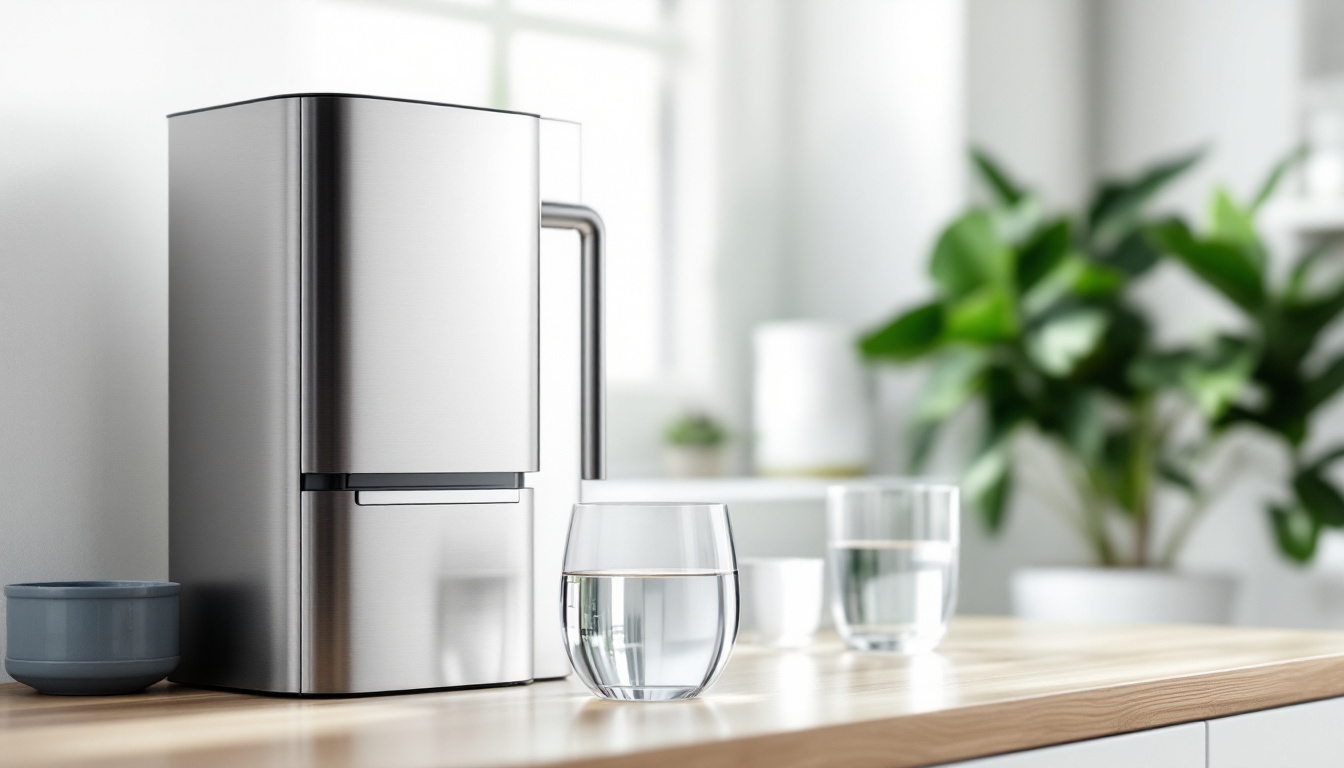 A stainless-steel countertop reverse-osmosis water filter on a kitchen counter beside glasses of clear filtered water