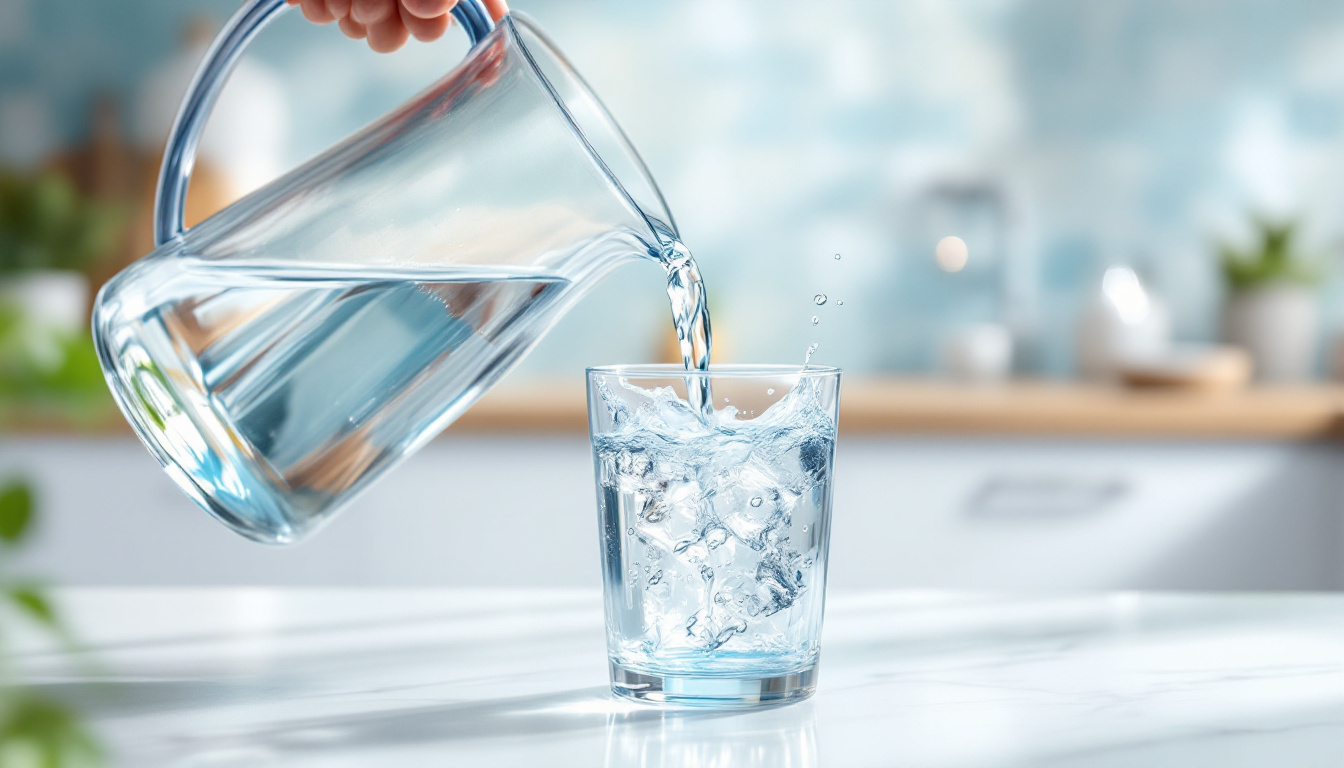 Clear filtered water being poured from a glass carafe into a drinking glass on a kitchen counter