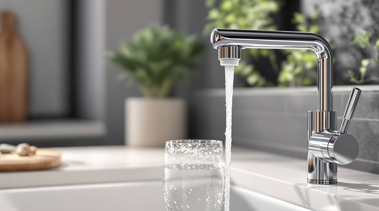 A chrome kitchen faucet with a stream of clear filtered water pouring into a glass on a bright kitchen countertop