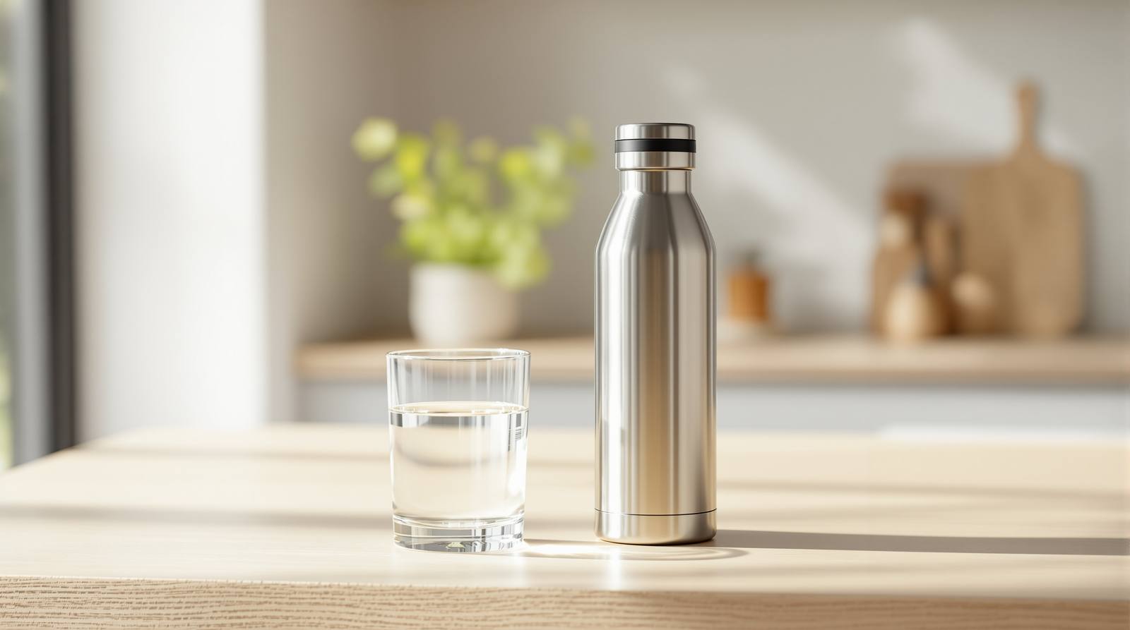 A modern stainless steel insulated water bottle with a hollow-fiber filter attachment beside a clear glass of clean water on a light wooden kitchen counter in bright natural light
