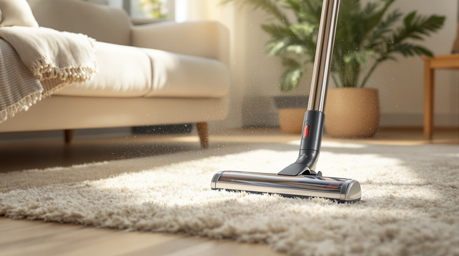 A vacuum cleaner floor head and chrome wand on a cream low-pile rug in a sunlit living room, with fine dust and textile fibers visible drifting in a shaft of afternoon window light