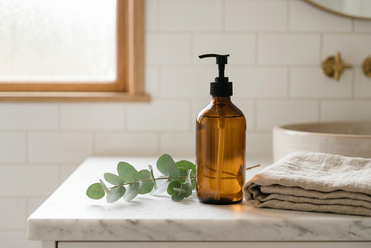 Non-toxic organic cotton and linen shower curtains in a clean, bright bathroom