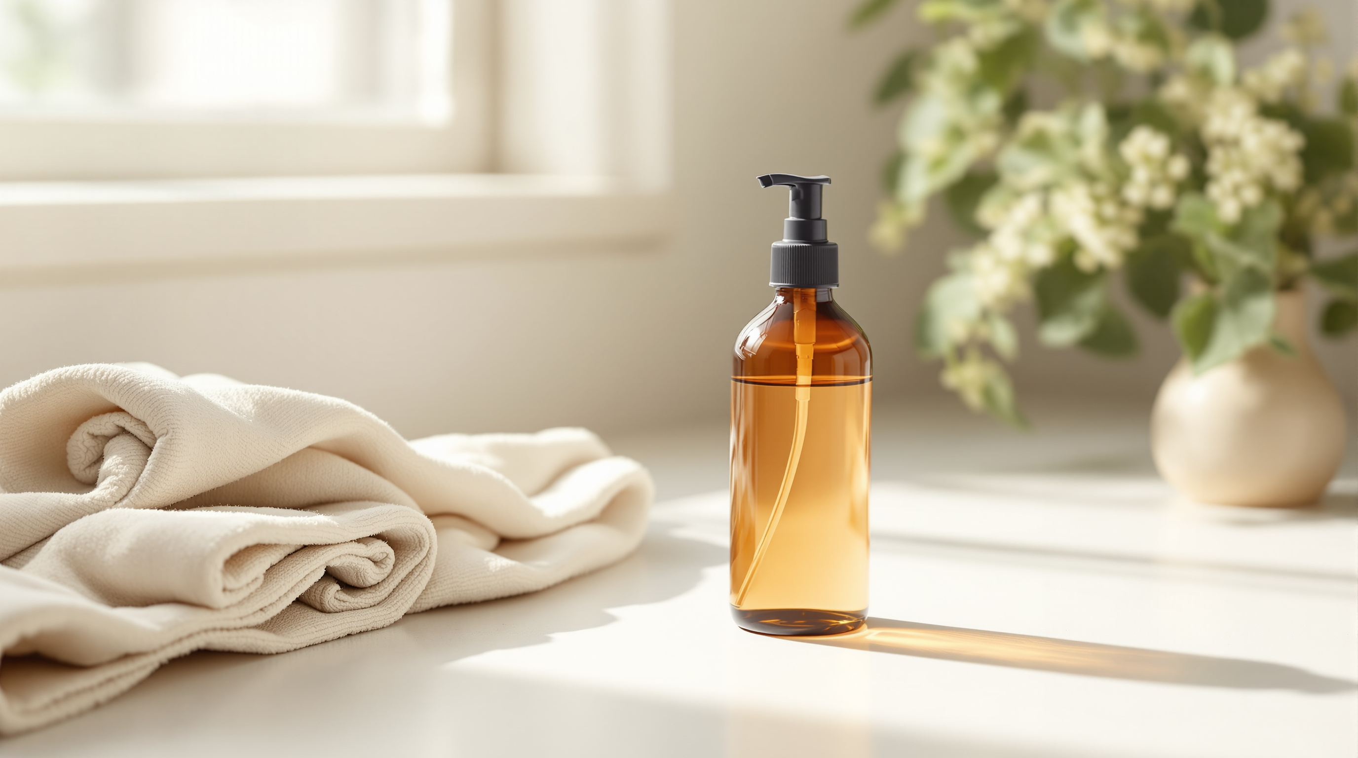 Non-toxic bathroom cleaning sprays in glass and minimal-plastic bottles on a clean bathroom counter