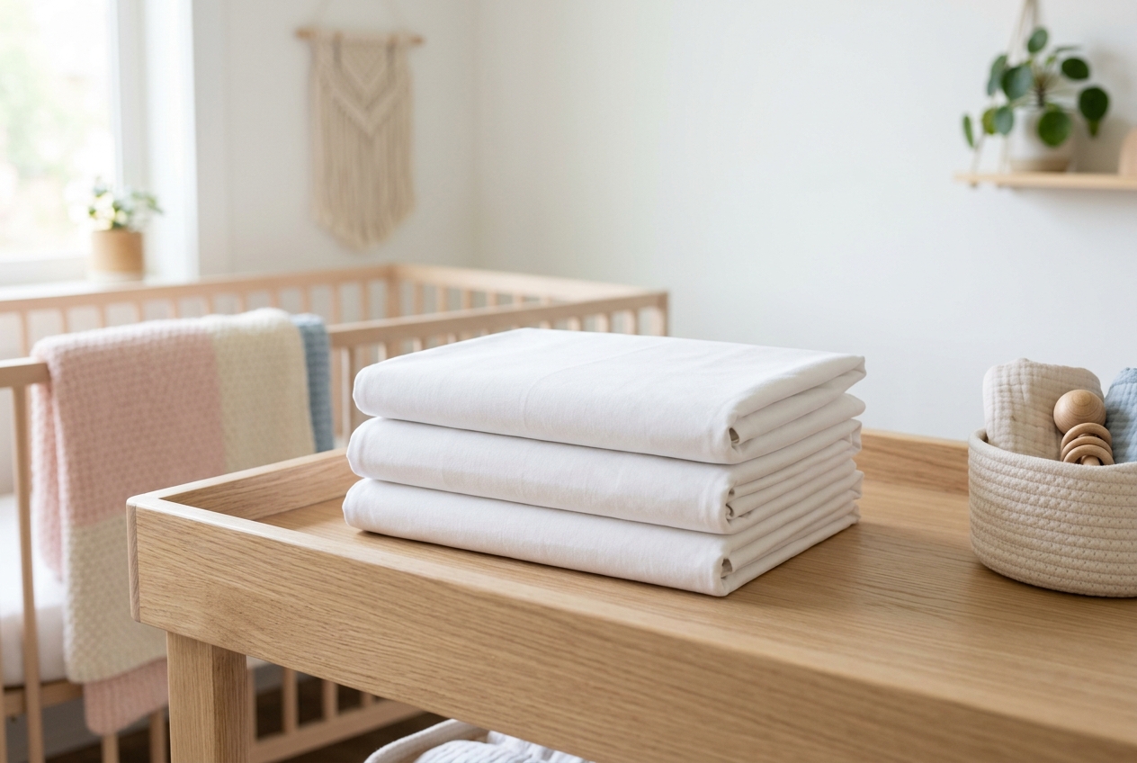 Non-toxic organic cotton and linen shower curtains in a clean, bright bathroom