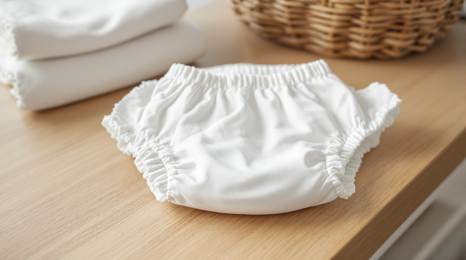 A plain white disposable baby diaper with ruffled elastic leg cuffs resting on a pale oak nursery changing table beside folded diapers and a woven basket