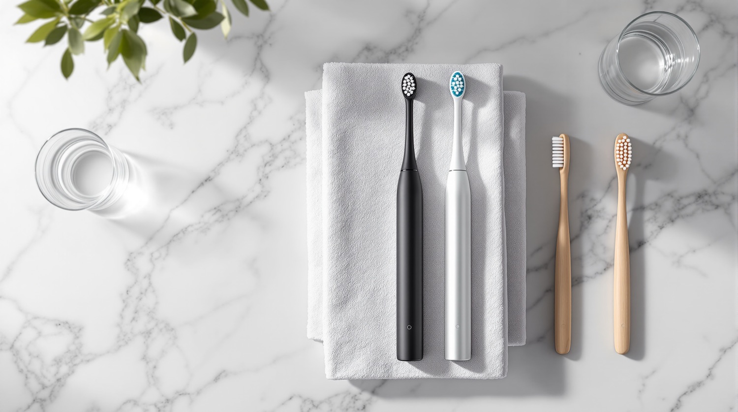 Overhead view of two electric toothbrush handles on a folded white towel beside two bamboo manual toothbrushes and a glass of water on a white marble bathroom counter