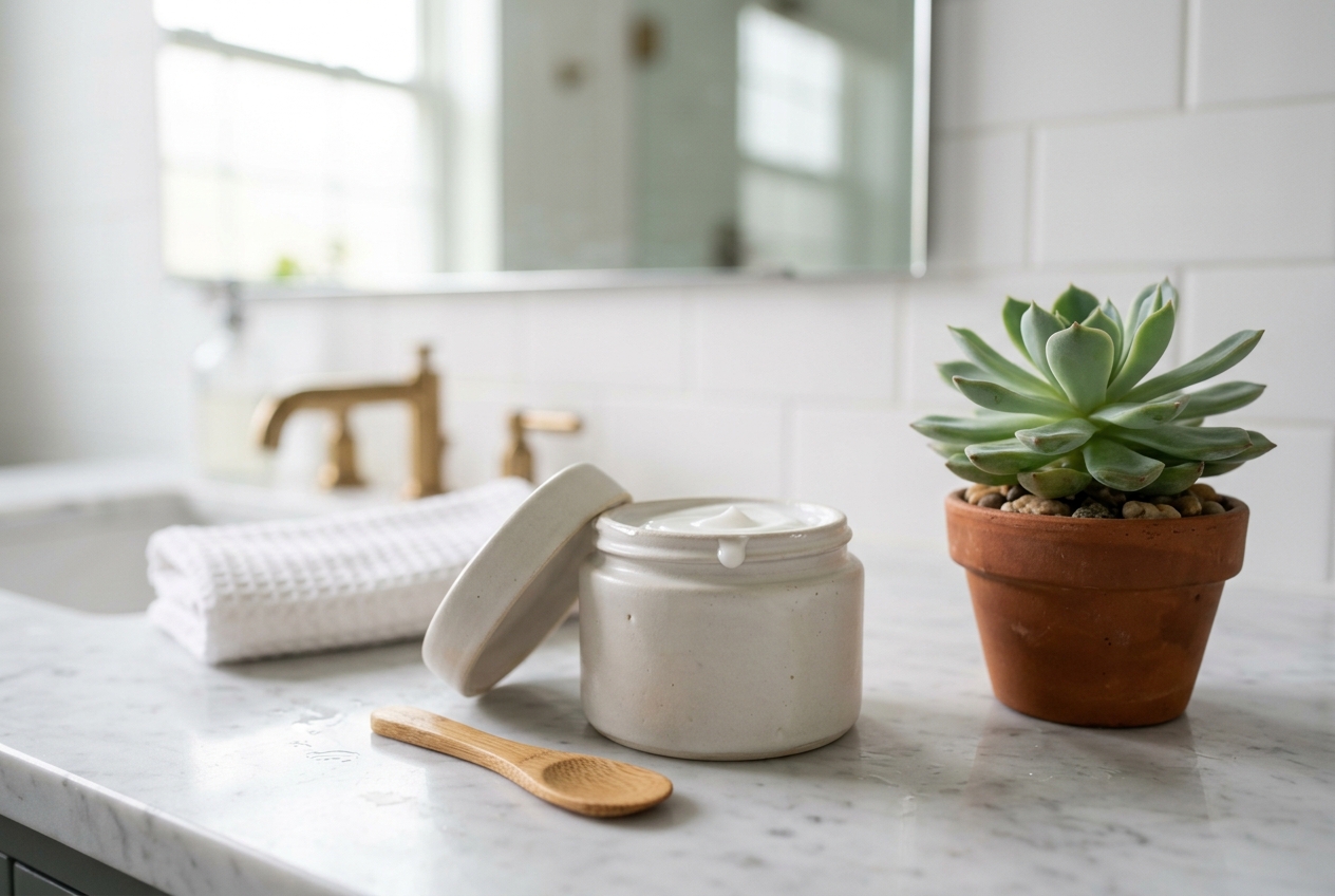 Non-toxic organic cotton and linen shower curtains in a clean, bright bathroom