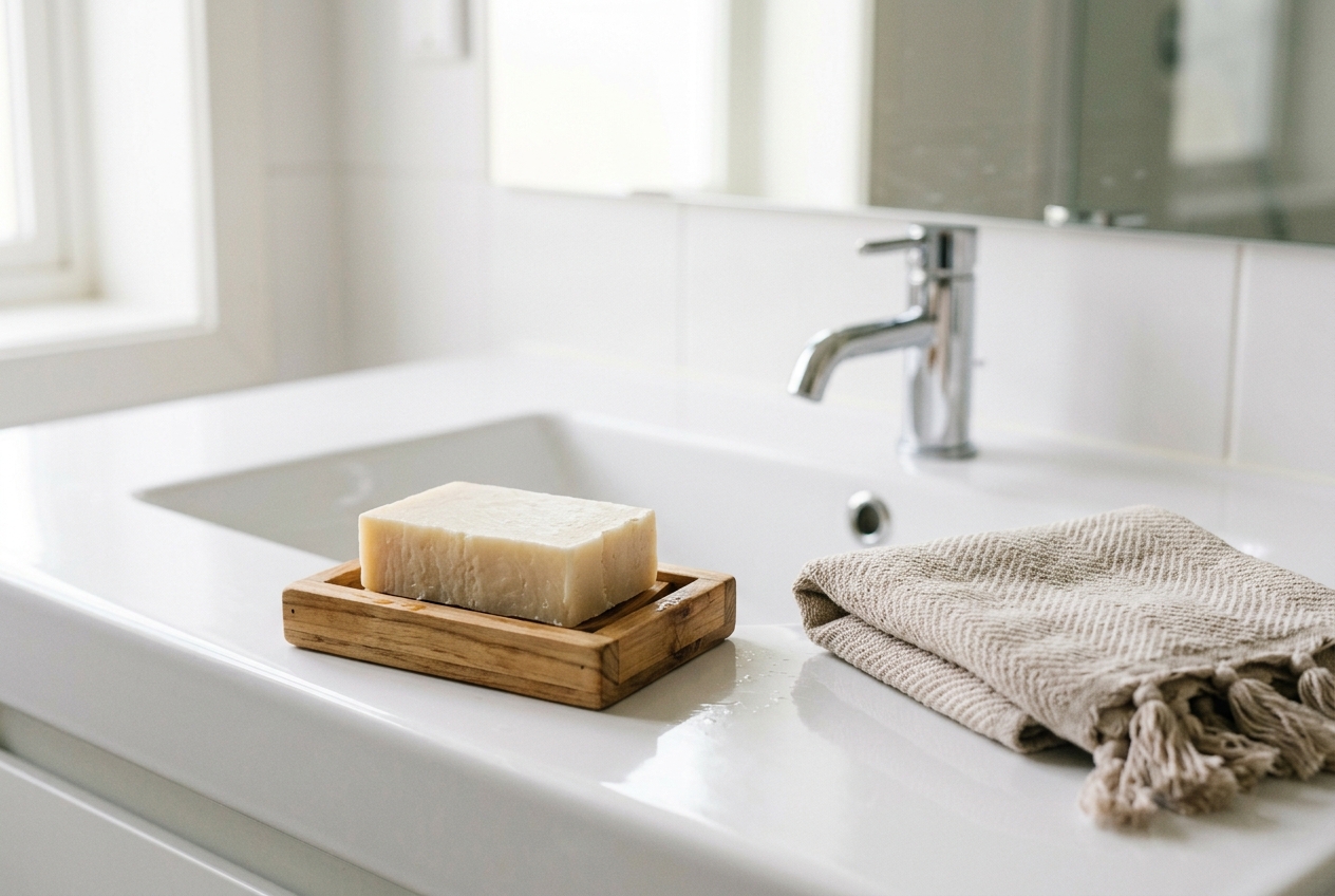 Non-toxic organic cotton and linen shower curtains in a clean, bright bathroom